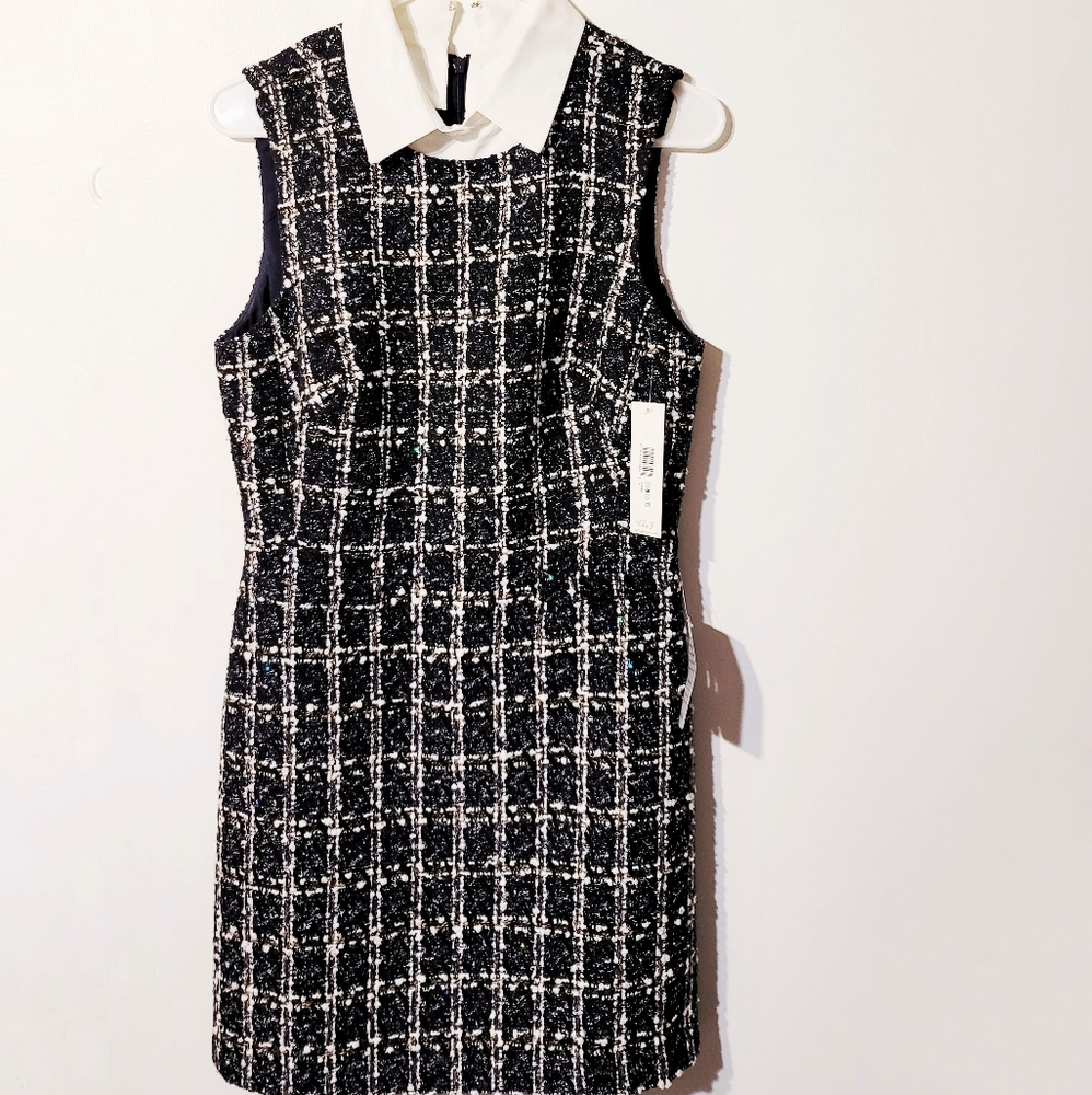 Eliza J Women's Boucle Plaid Sequin Shirt Collar Dress Size 8R